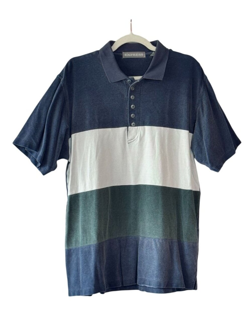 Vintage 90s Express Men Medium Color Block Polo Shirt Blue Green White Cotton